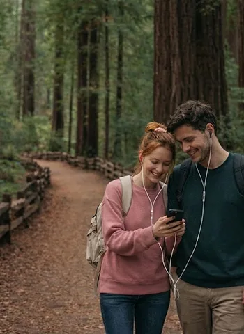 Couple using loveBuds while walking on a forest trail