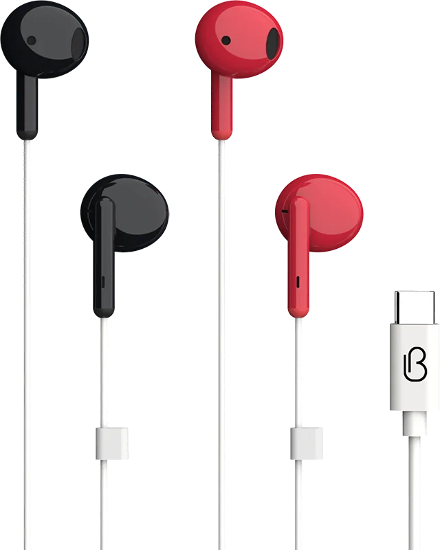 Black and red loveBuds two-person earbuds with white cables