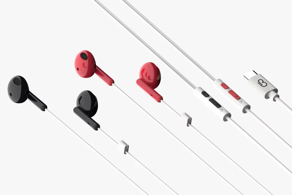 loveBuds product components including earbuds, volume controls, splitter, USB-C connector, and travel pouch